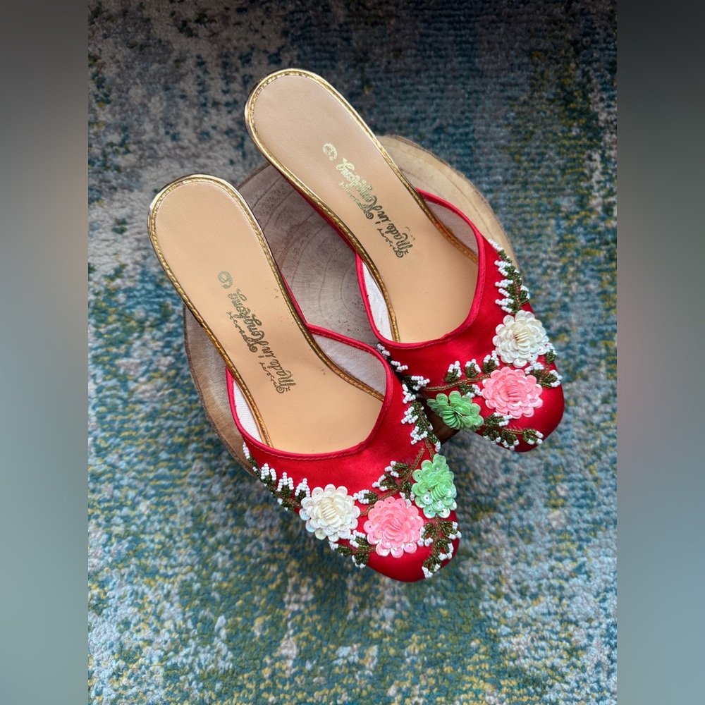 Vintage satin sequined floral evening mules, size 6